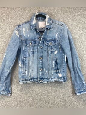 ZARA Women's Light Wash Distressed Denim Jacket Womens Size S Trucker Moto Retro